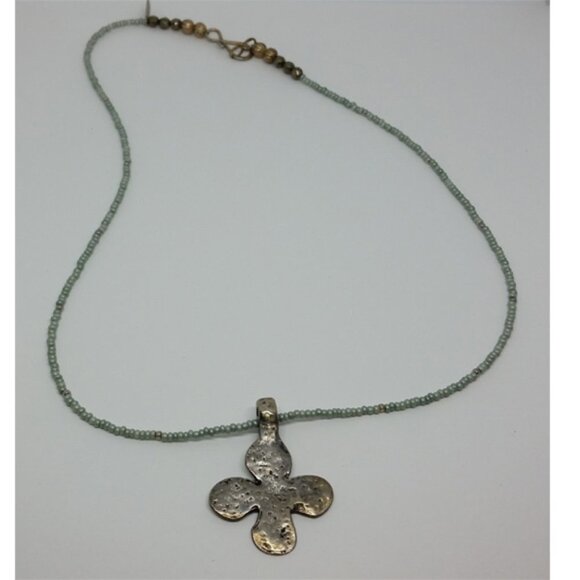 ARTISAN style rustic hammered cross on a beaded necklace - Picture 2 of 3